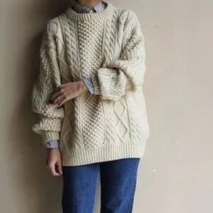 JOHN MOLLOY vintage wool cable knit fisherman sweater made in Ireland cream Lge